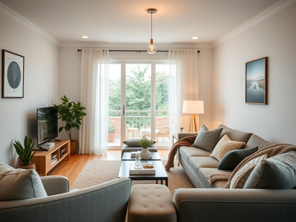 A realistic high-resolution image of a welcoming rental property, showcasing its inviting interior. The focus should be on a beautifully arranged living room with stylish decor, soft lighting, and a cozy atmosphere. The composition should be clear and simple, emphasizing the comfortable seating area and tasteful design elements. The background should be slightly blurred to keep attention on the living space, with a color palette that complements the primary color rgb(50, 170, 39). Shot with a 45mm f/1.2 len