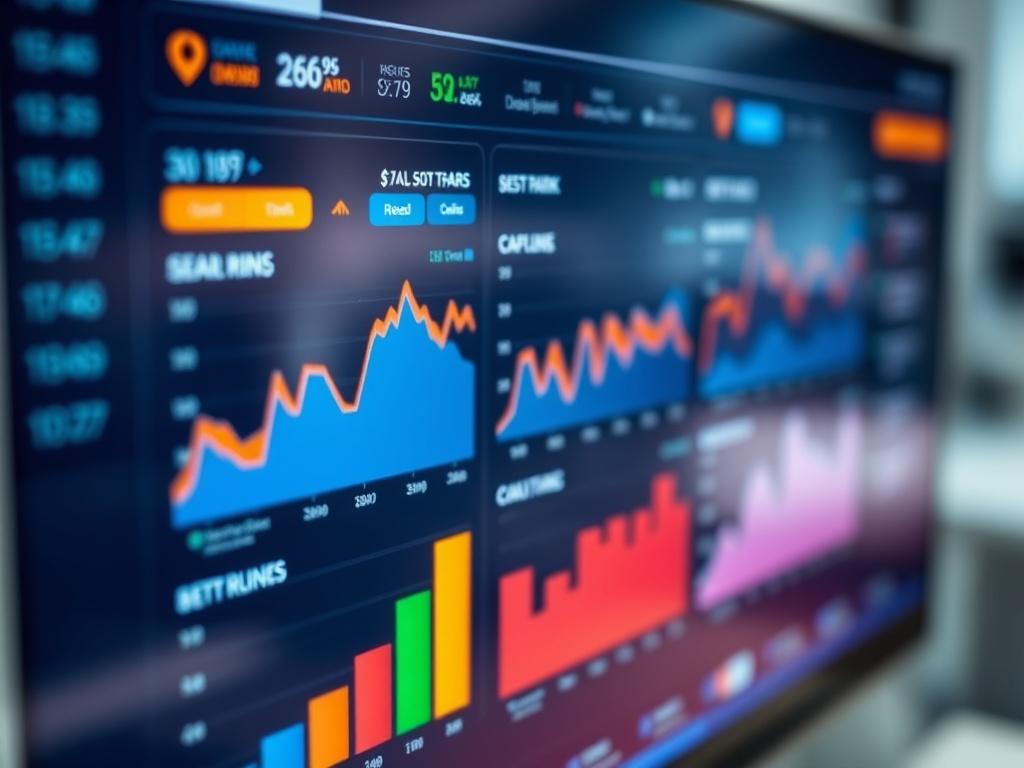 A close-up shot of a digital dashboard displaying dynamic pricing graphs and analytics for short-term rentals. The screen should show various data points and trends, conveying a sense of sophisticated management and revenue optimization. The background should be blurred to enhance focus on the dashboard details, reflecting a professional and high-tech environment, captured in hyper-realistic detail with a 45mm f/1.2 lens style, featuring colors that align with the primary color rgb(50, 170, 39).