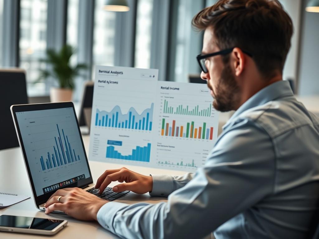 A focused image of a financial analyst reviewing charts and graphs on a laptop, showcasing data related to rental income comparisons. The setting is a modern office with a clean and professional atmosphere.