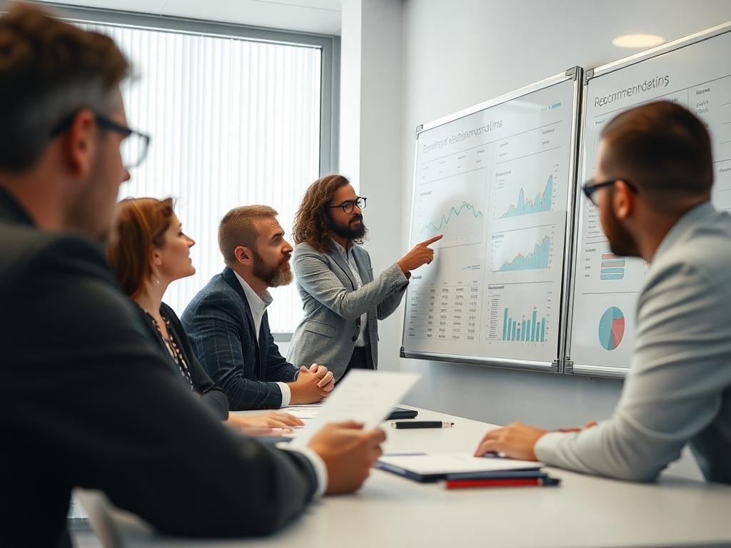A close-up shot of a strategy meeting in progress, highlighting a team member presenting recommendations on a whiteboard. The atmosphere should be collaborative and focused, with charts and notes visible.
