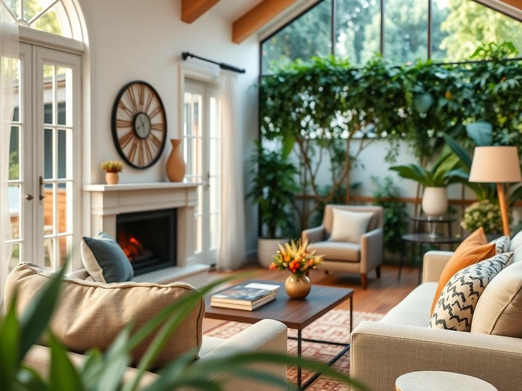 A close-up shot of a beautifully maintained short-term rental property, emphasizing its inviting features like a cozy living room and stylish decor, with lush greenery in the background. The image should be hyper-realistic, capturing the essence of a welcoming rental space.