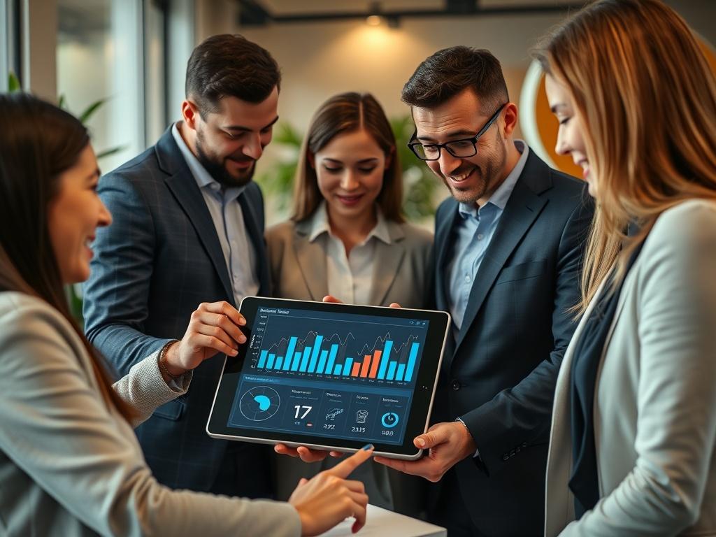 A high-resolution close-up shot of a professional team collaborating over a digital device displaying rental data analytics. The background is a modern office setting with subtle greenery, conveying a sense of innovation and efficiency. The image should reflect a warm and inviting atmosphere, emphasizing teamwork and expertise in short-term rental management.