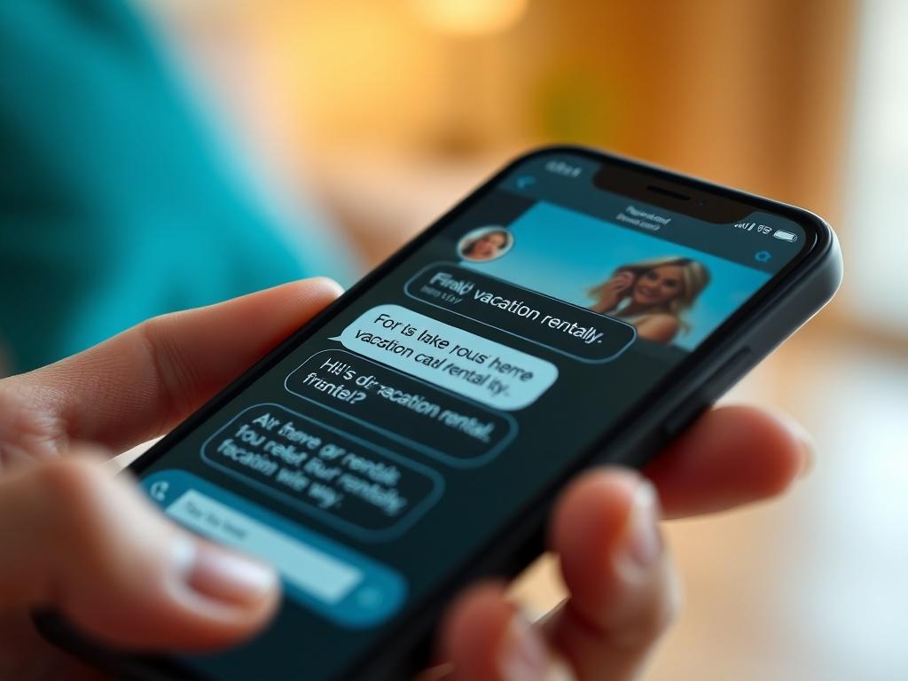 A close-up shot of a smartphone displaying a messaging app with friendly conversation about a vacation rental. The background is softly blurred to emphasize the phone, capturing the essence of guest communication in short-term rentals.