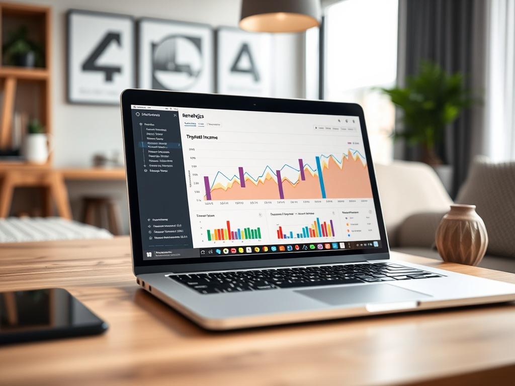 A close-up shot of a laptop displaying a colorful graph and data analytics related to rental income. A stylish workspace in the background, illustrating the theme of revenue management in short-term rentals.