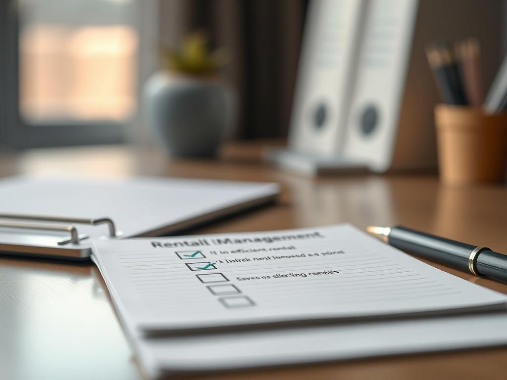 A close-up shot of a notepad and pen on a desk, featuring a checklist for efficient rental management tasks. The background is softly blurred, highlighting the importance of operational efficiency.