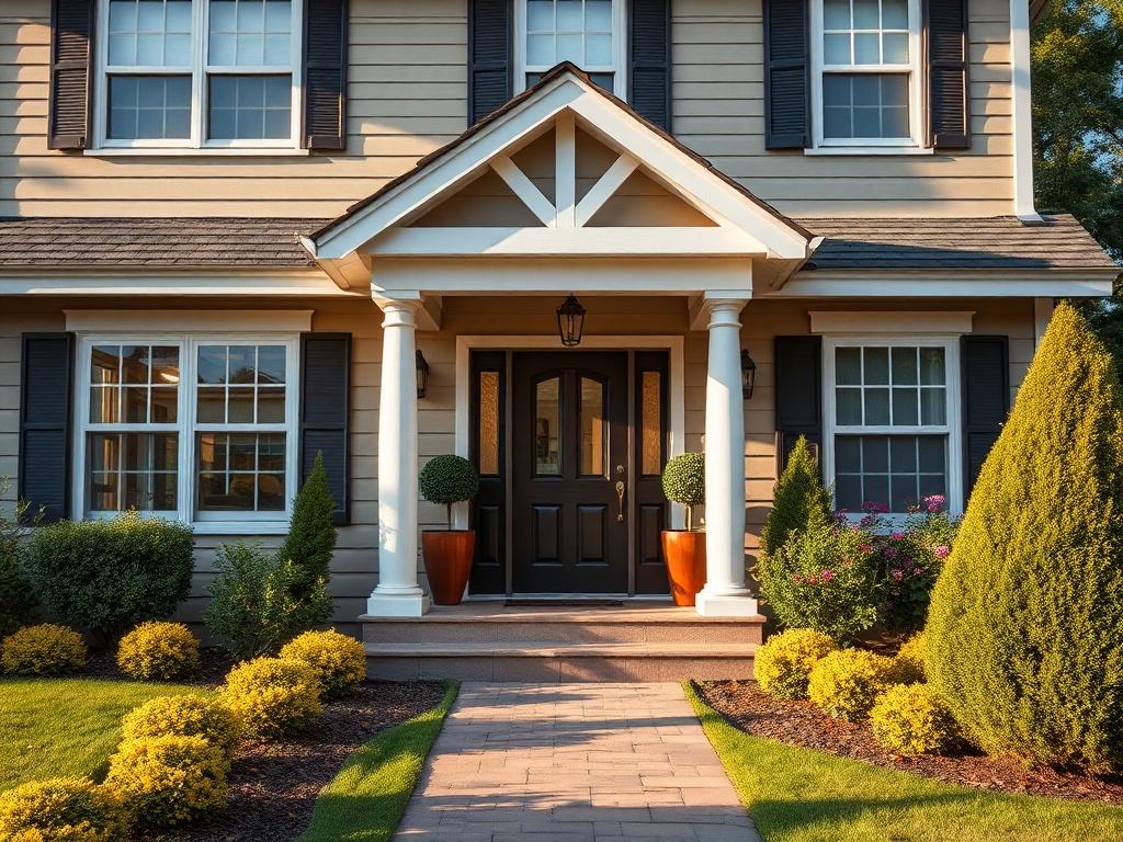A close-up shot of a well-maintained long-term rental property exterior, highlighting a welcoming entrance and well-kept landscaping. The image should reflect an appealing, inviting atmosphere that attracts potential tenants. Use a hyper-realistic style with vibrant colors and detailed textures, capturing the essence of a desirable living space. Focus on showcasing the property’s charm and investment potential.