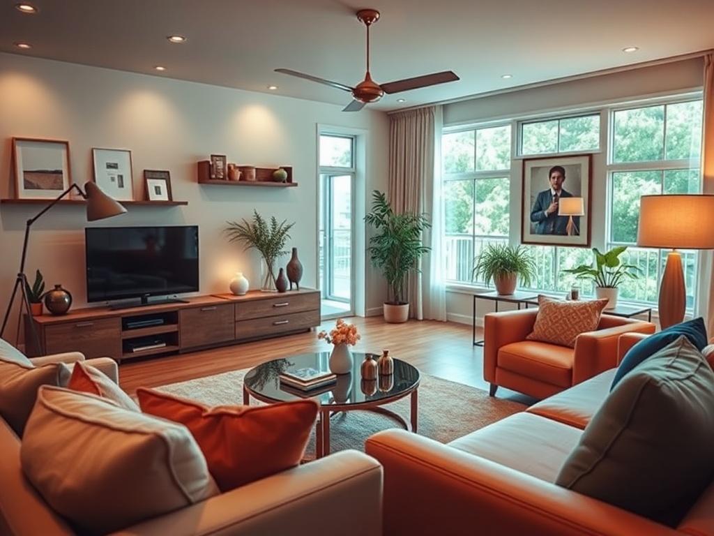 A close-up shot of a well-decorated short-term rental living room, showcasing modern furniture, bright colors, and inviting atmosphere. The image should capture the essence of a cozy and stylish space, perfect for guests. Use a hyper-realistic style with soft lighting to create a warm ambiance, emphasizing the details of the interior design. Focus on creating an inviting space that highlights comfort and luxury.