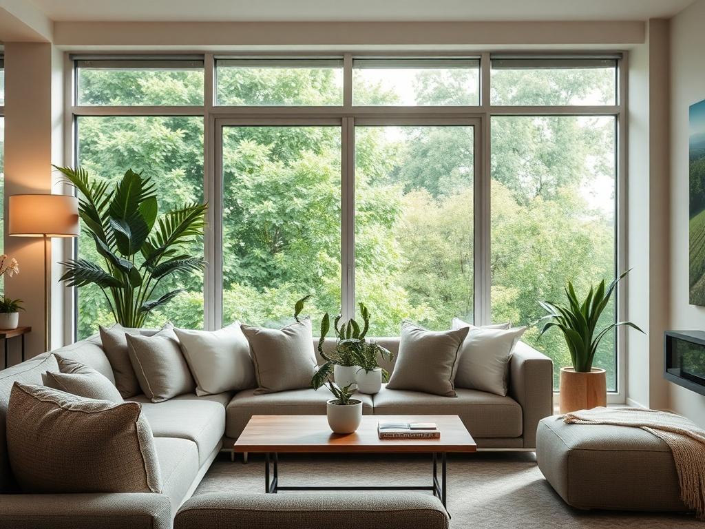 Create a realistic, high-resolution photograph focusing on a beautifully designed short-term rental property interior. The composition should be simple and clear, showcasing a well-lit living room space that highlights modern furnishings and tasteful decor. The subject matter is a cozy, inviting sofa adorned with plush cushions and a stylish coffee table set with a small potted plant—symbolizing comfort and hospitality.

In the background, include large windows that allow natural light to stream in, showcas