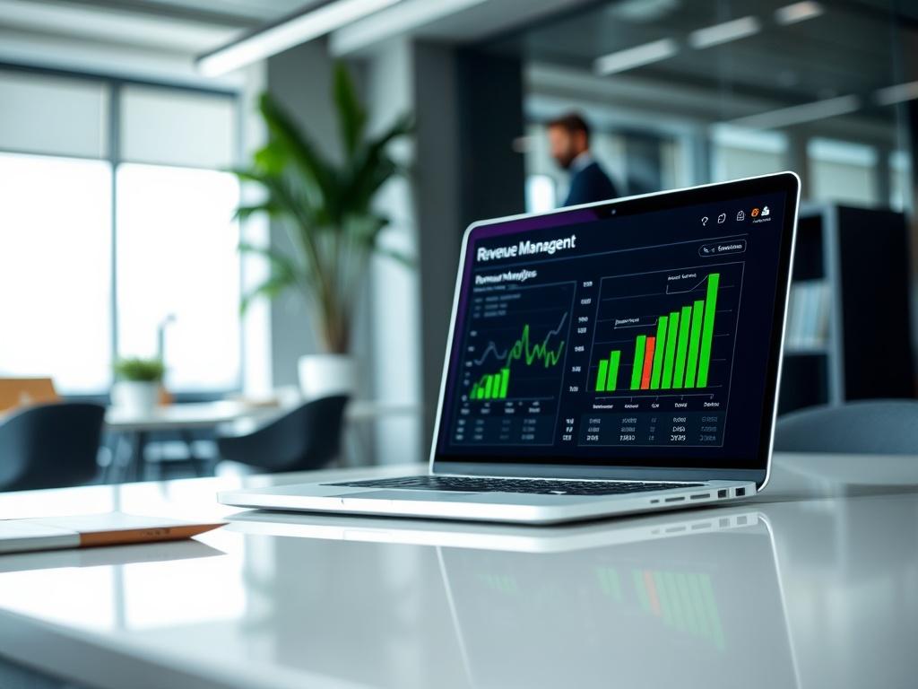 A high-resolution close-up shot of a modern, stylish office space with a focus on a sleek desk and a laptop displaying revenue management analytics. The background should be subtly blurred to emphasize the desk and laptop. The color palette should include shades of green and white, reflecting a fresh and professional atmosphere.