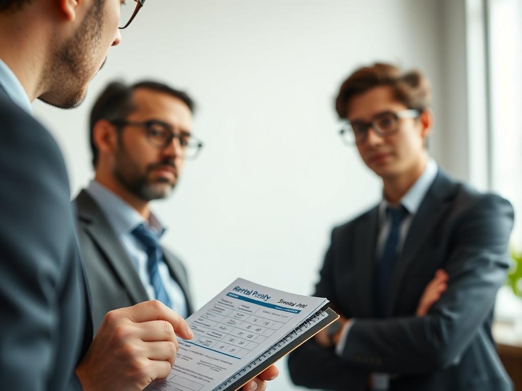 A high-resolution, hyper-realistic close-up shot of a professional setting, showcasing a well-dressed individual engaged in a discussion about rental properties. The background should be softly blurred, emphasizing the subject's focused expression and a notepad with rental pricing strategies visible. The color palette should align with rgb(50, 170, 39), creating a fresh and inviting atmosphere.