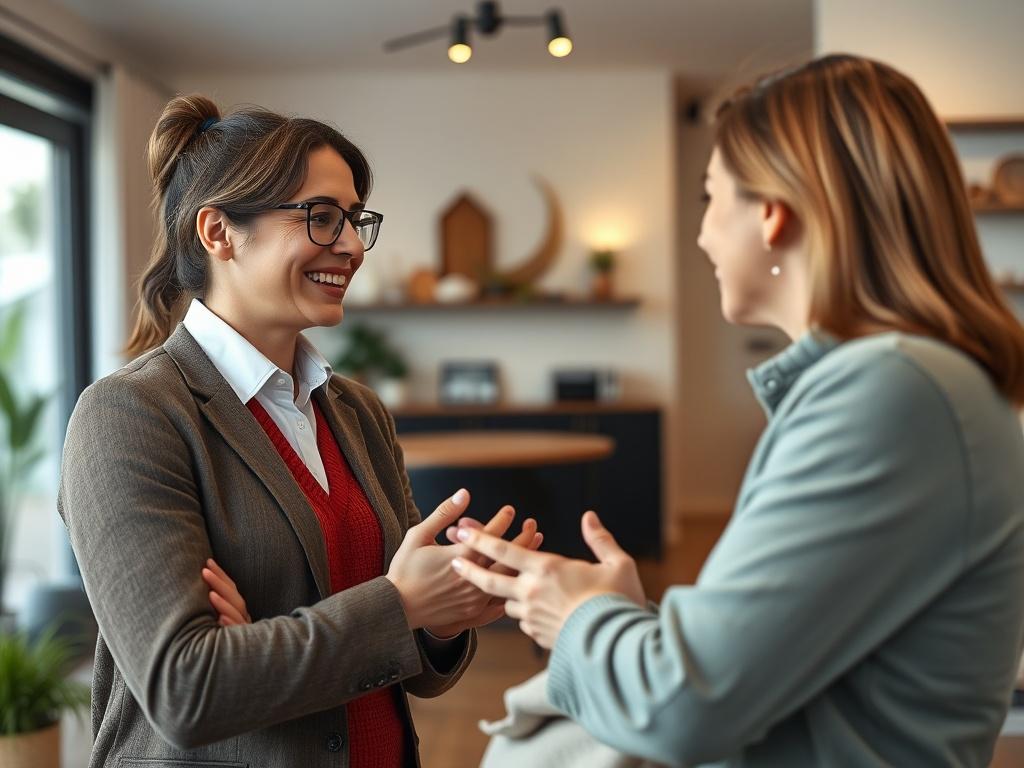 A close-up shot of a professional property manager engaging with a guest in a modern rental property. The focus is on their friendly interaction, showcasing a warm and welcoming atmosphere. The background features elements of the rental, such as tasteful decor and a cozy ambiance, all rendered in hyper-realistic detail. The colors are vibrant, with a primary color of rgb(50, 170, 39) subtly integrated into the decor.