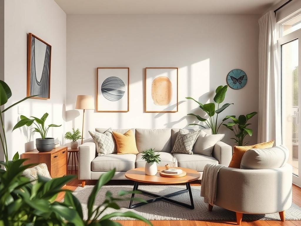 A close-up shot of a modern rental property with inviting decor and a welcoming atmosphere, showcasing a beautifully arranged living space with natural light flowing in. The scene captures a cozy yet elegant design, highlighting a comfortable sofa, tasteful art on the walls, and vibrant green plants. The background should be simple and uncluttered, emphasizing the rental's charm and appeal. The image should be realistic and high-resolution, shot with a 45mm f/1.2 lens style, compatible with rgb(50, 170, 39)