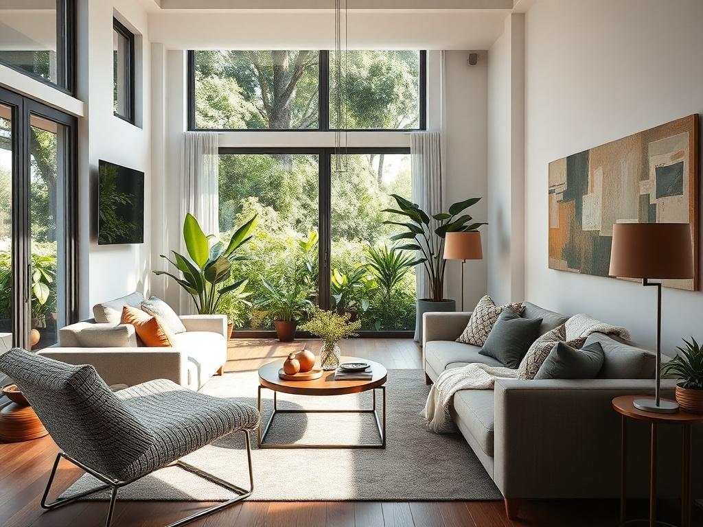 A close-up shot of a modern rental property, showcasing a beautifully arranged living room with stylish furniture and decor, natural lighting pouring in from large windows, and a welcoming atmosphere. The composition should highlight the cozy feel of the space, with greenery in the background to add vibrancy.