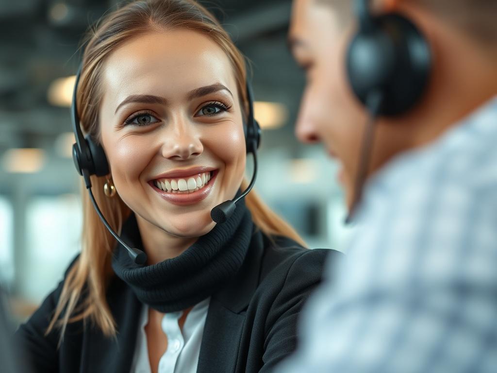 A close-up shot of a friendly customer service representative engaging with guests via a headset, with a modern office background. The focus should be on the representative's friendly demeanor, conveying a sense of reliability and assistance.