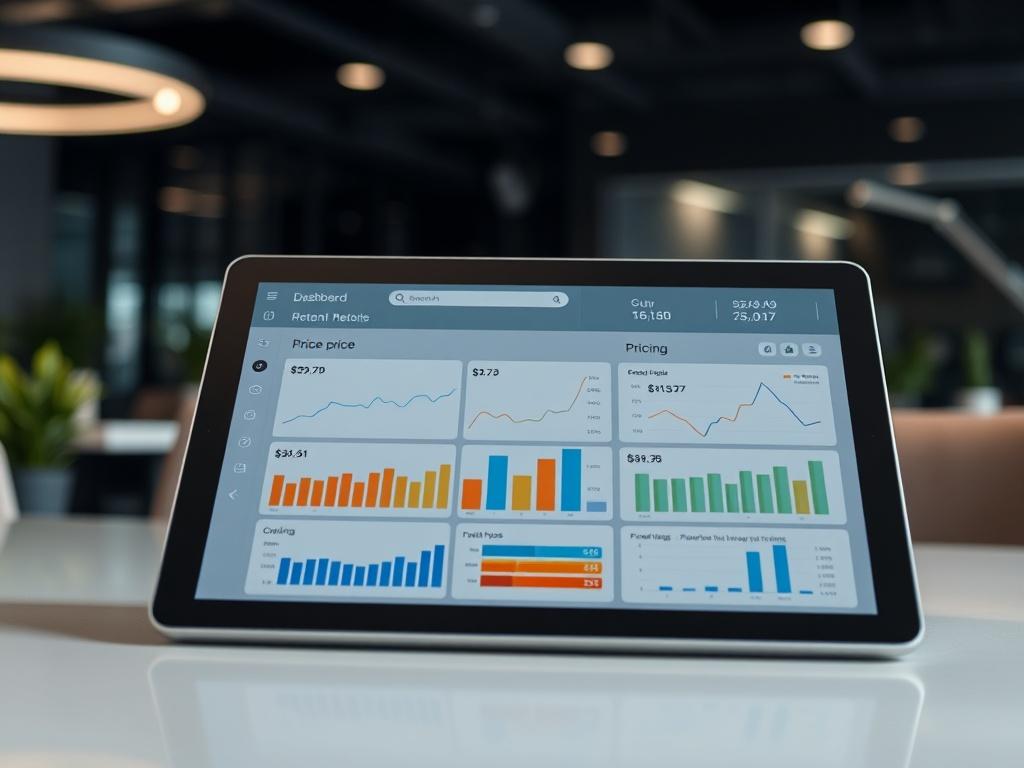 A close-up shot of a digital pricing dashboard on a tablet, displaying graphs and charts illustrating rental price trends and performance metrics. The background should be a sleek office setting, emphasizing a modern and tech-savvy approach to rental management.