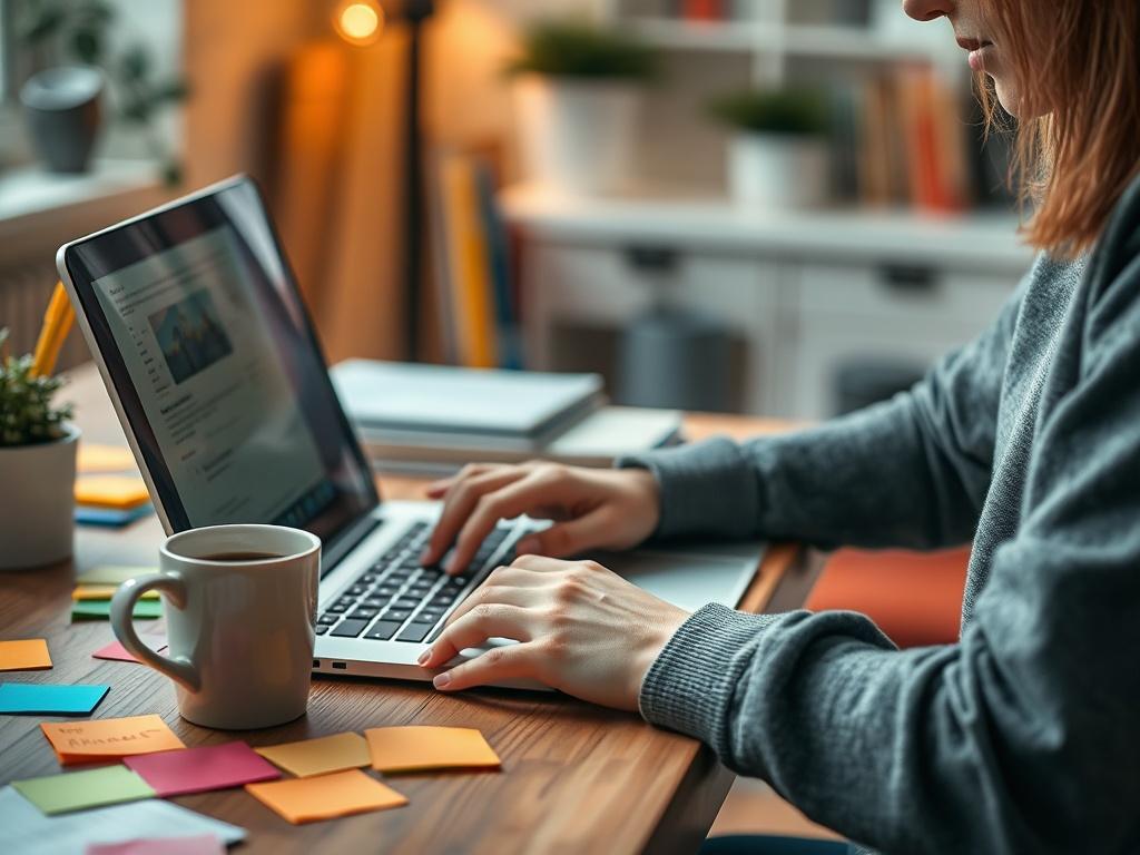 A close up of a content creator at work, typing