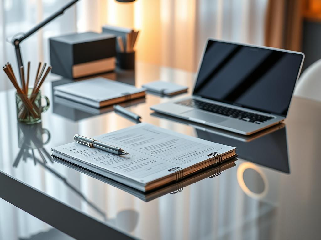 A serene workspace setup showcasing a sleek desk with an