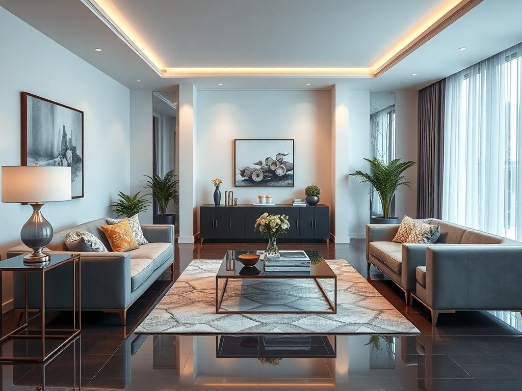 A beautifully organized and stylish living room, showcasing elegant furniture