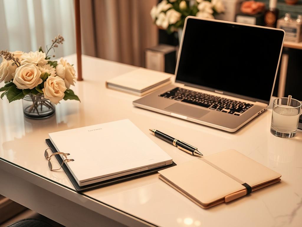 A realistic high-resolution photo of a luxury lifestyle concierge service setting. The composition should feature an elegant, well-organized office space with a beautifully arranged desk, showcasing a laptop, a planner, and a stylish pen. The background should include tasteful decorations like fresh flowers and luxury items, creating a serene and sophisticated atmosphere. The color scheme should align with the sepia style, embodying warmth and elegance.