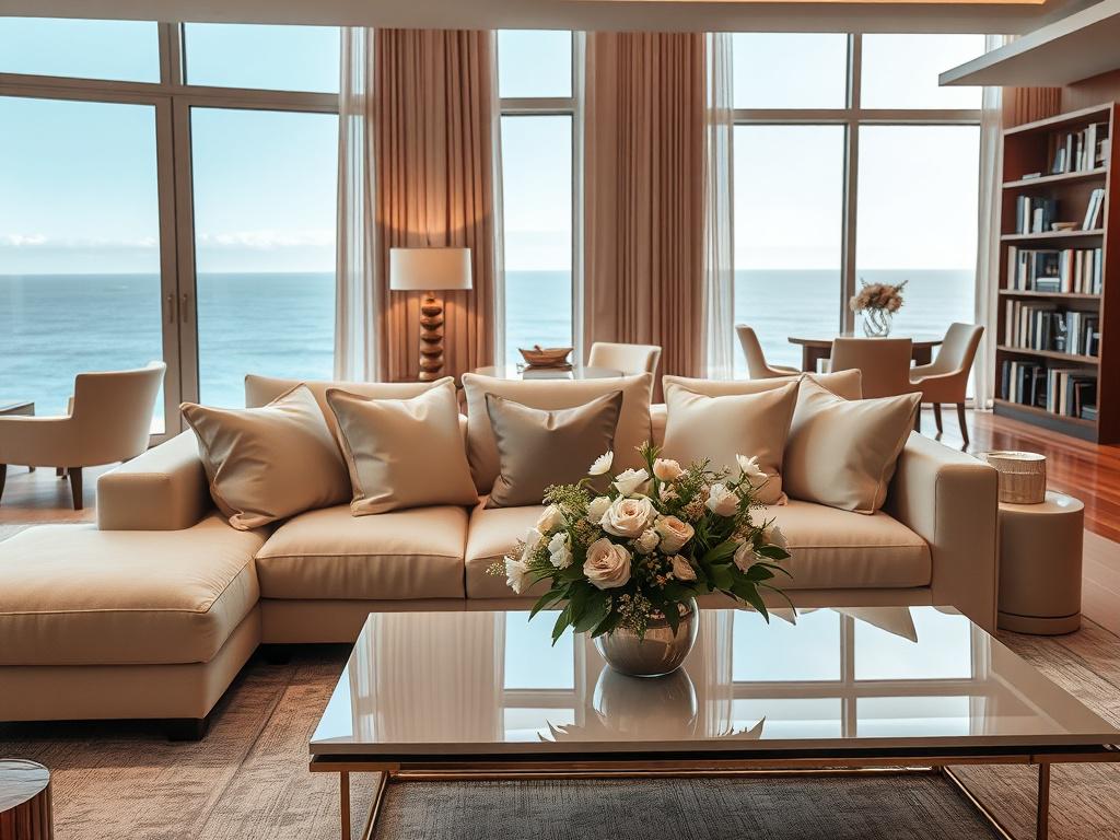 A luxurious and serene living space featuring a beautifully designed interior with elegant furnishings. The focal point is a stylish, plush sofa adorned with decorative pillows, positioned in front of a large window that reveals a stunning ocean view. Soft, ambient lighting enhances the warm tones of the space, while a tasteful arrangement of fresh flowers sits on a sleek coffee table. The background subtly showcases a well-organized bookshelf, adding an element of sophistication. The color palette incorpor