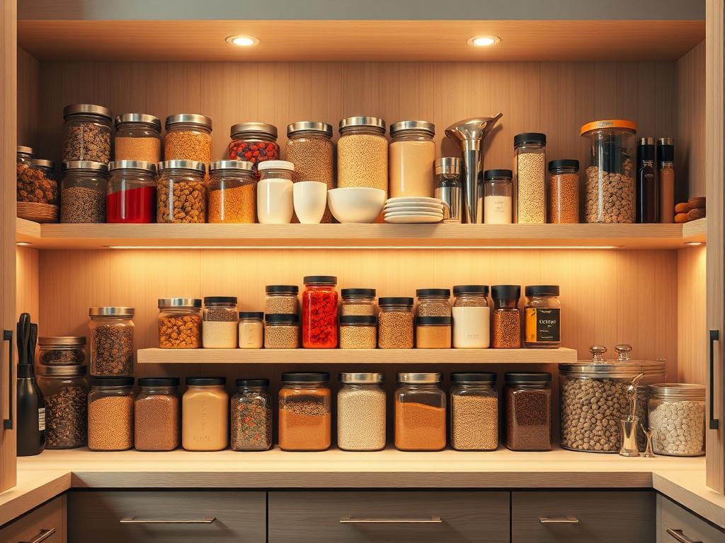 A beautifully organized kitchen pantry showcasing neatly arranged jars, containers, and spices. The focus is on vibrant colors of food items and the elegant setup. The background should feature soft, warm lighting to create an inviting atmosphere. The pantry shelves should be made of light wood, with a clean and simple aesthetic. Ensure that the image captures the essence of luxury and organization.