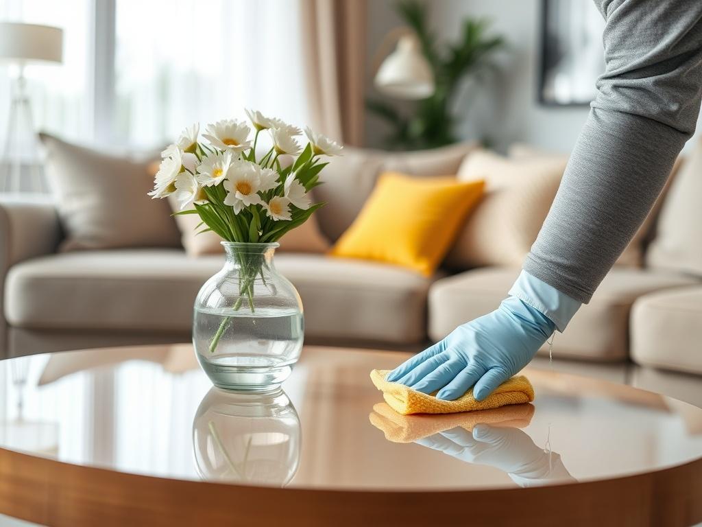 A close-up shot of a professional cleaner meticulously cleaning a beautifully arranged Airbnb living space. The scene showcases a shining coffee table with a bright vase of fresh flowers, a plush couch, and neatly arranged cushions in the background. The cleaner is in focus, wearing gloves and using a microfiber cloth, with a soft, inviting ambiance that emphasizes cleanliness. The image should be hyper-realistic, with a shallow depth of field, captured with a 45mm f/1.2 lens style, suitable for the rgb(85,