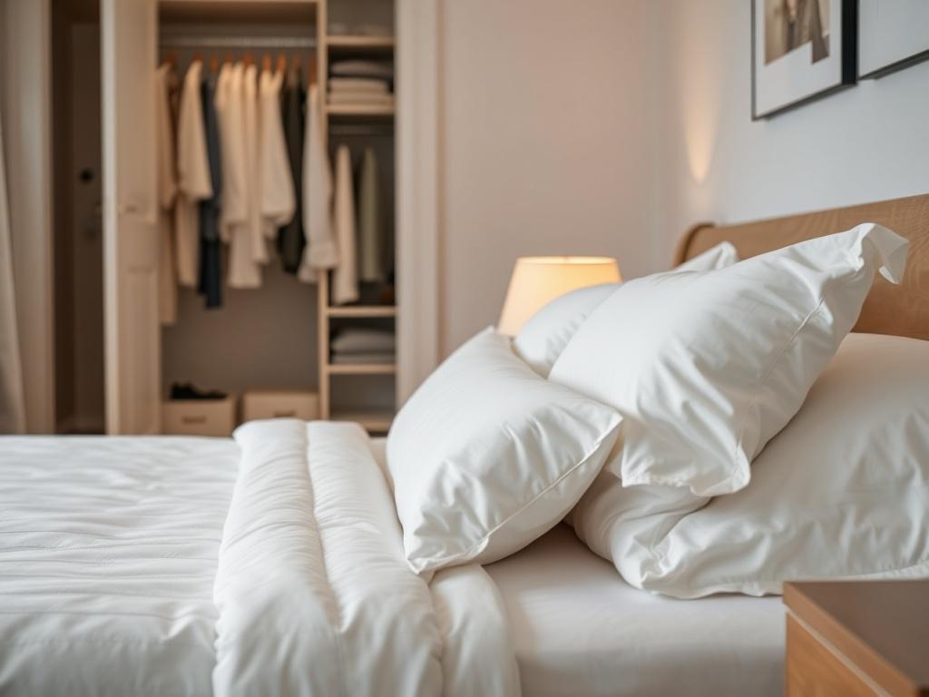 A realistic close-up shot of a freshly cleaned bedroom, showcasing crisp white linens on a neatly made bed, perfectly arranged pillows, and a clean bedside table. The room should have a welcoming ambiance with soft lighting, emphasizing the cleanliness and comfort. The background features a tidy closet with neatly folded clothes. Captured in hyper-realistic detail with a 45mm f/1.2 lens style.