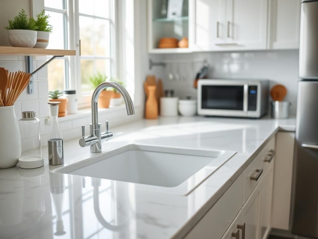 A hyper-realistic close-up shot of a sparkling clean kitchen countertop with gleaming appliances, a pristine sink, and organized kitchenware. The image should showcase a bright and inviting atmosphere, with natural light illuminating the scene. In the background, a hint of freshly cleaned cabinets adds to the appeal. Captured with a 45mm f/1.2 lens style to highlight the details of cleanliness.