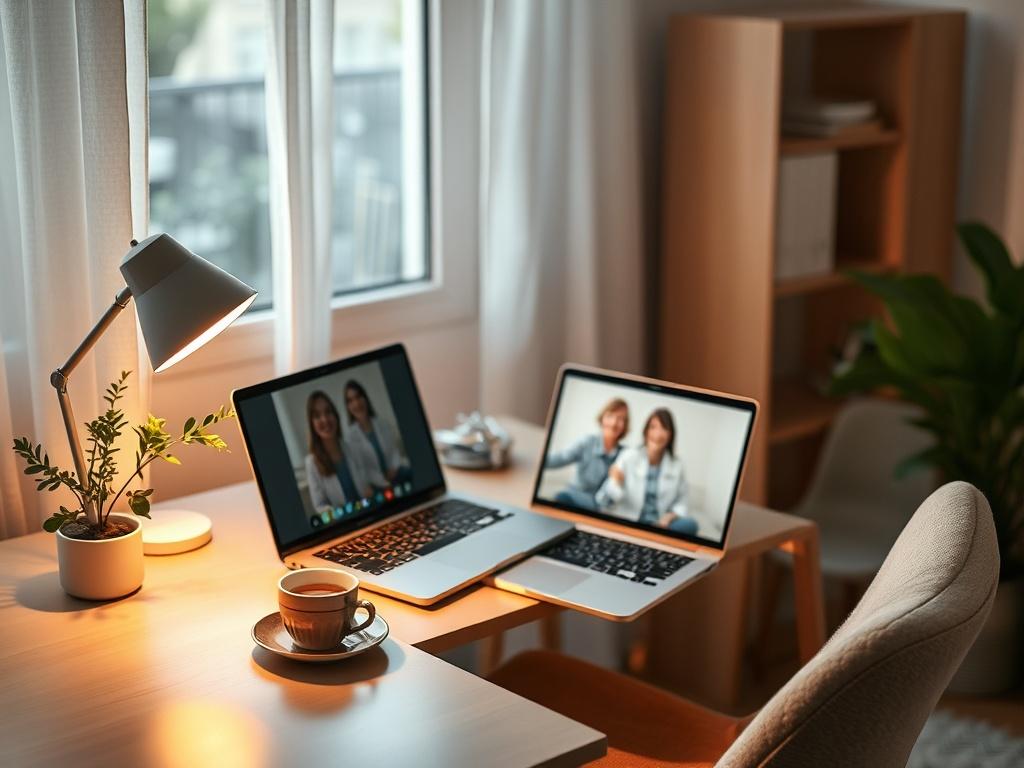 A cozy home office setup featuring a desk with a