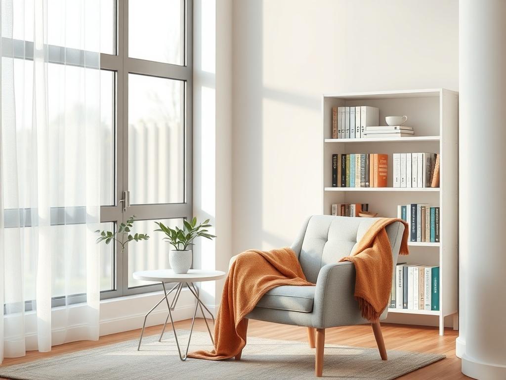 A serene and inviting counseling office setting with soft tones and gentle lighting. The image should feature a comfortable chair with a warm blanket draped over it, a small round table with a soothing plant, and a bookshelf filled with counseling resources. In the background, a large window allows soft natural light to filter in, creating a peaceful atmosphere. The overall composition should evoke feelings of calm and support, with a focus on the comforting aspects of the therapeutic environment.