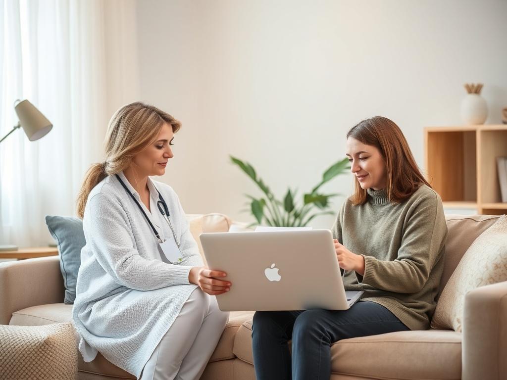 A calming individual therapy setting featuring a therapist and client engaged in conversation over a laptop. The environment should exude comfort and warmth, with soft lighting and inviting decor.