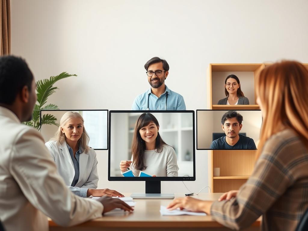 A warm and inviting virtual meeting scene with a group of diverse counselors engaged in discussion. Each participant is shown on their computer screen, reflecting a collaborative and supportive atmosphere.