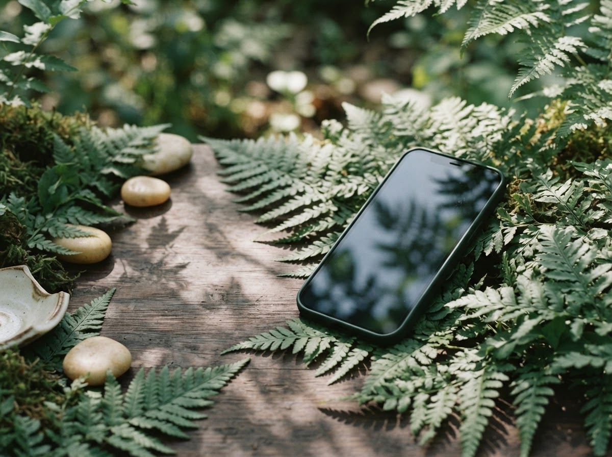 A dark smartphone resting among sunlit fern leaves