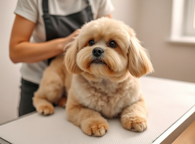 Dog being gently groomed on a professional grooming table with calm, stress-free care
