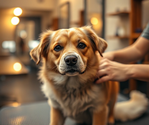 Peaceful dog enjoying grooming in calm salon