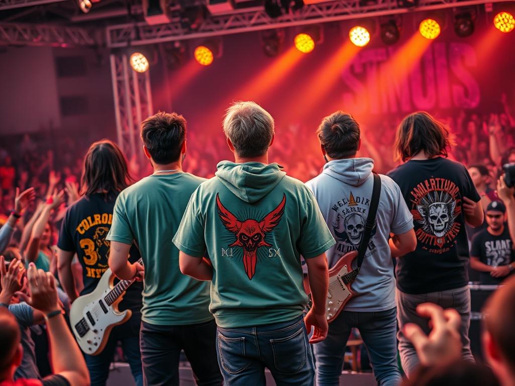 An eye-catching image of a band wearing custom-designed apparel featuring bold graphics and vibrant colors. The scene captures a live performance, with the band energetically engaging with the audience. The apparel includes t-shirts and hoodies with unique artwork that reflects the band's identity. The background is filled with energetic fans, stage lights, and a lively atmosphere, showcasing the impact of creative design on the music scene.