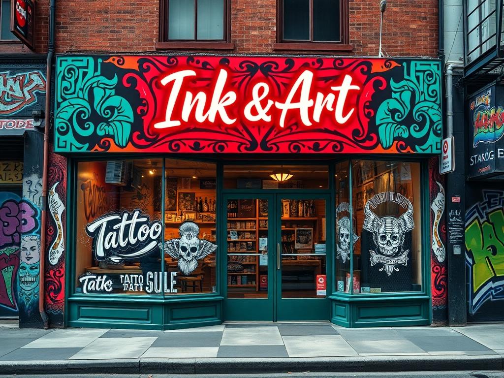 A vibrant photo of a tattoo shop's exterior, showcasing an edgy and artistic design with bold colors and intricate graffiti art. The storefront features large windows displaying tattoo designs and a neon sign that reads 'Ink & Art.' The background is urban, with street art and a lively atmosphere, capturing the rebellious spirit of the shop. The focus is on the tattoo shop, with clear details of the branding elements, making it inviting yet edgy.