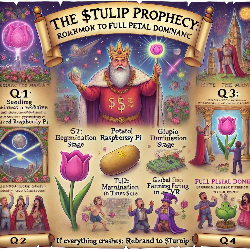 dall·e 2025-04-08 21.11.19 - a whimsical and funny fantasy-style illustrated scroll poster titled 'the $tulip prophecy_ roadmap to full petal dominance'. the scroll features glowi.webp