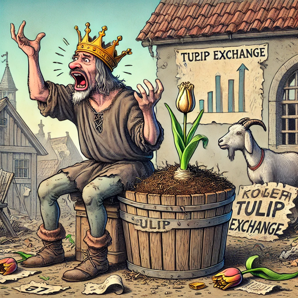 dall·e 2025-04-10 08.25.24 - a humorous cartoon-style illustration of a ragged medieval peasant sitting in a compost bin behind a tulip exchange, holding a wilted tulip bulb and y.webp