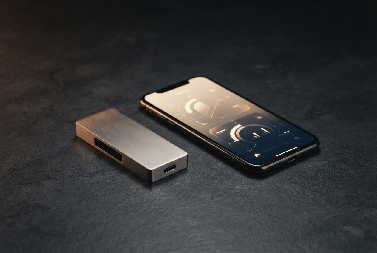 A hardware wallet and smartphone arranged in a dark, softly lit studio