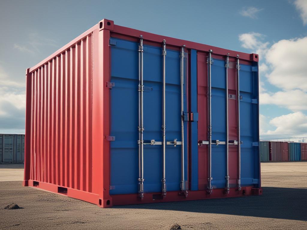 A vibrant red 40ft shipping container placed against a clear