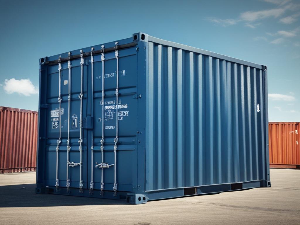 A realistic high-resolution photo of a 40ft high cube shipping container. The container is painted in a vibrant blue color, positioned in an outdoor setting with a clear blue sky in the background. The container stands upright on a concrete surface, casting a subtle shadow. The focus is on the container, showcasing its height and spaciousness, with no other objects or distractions in the frame.