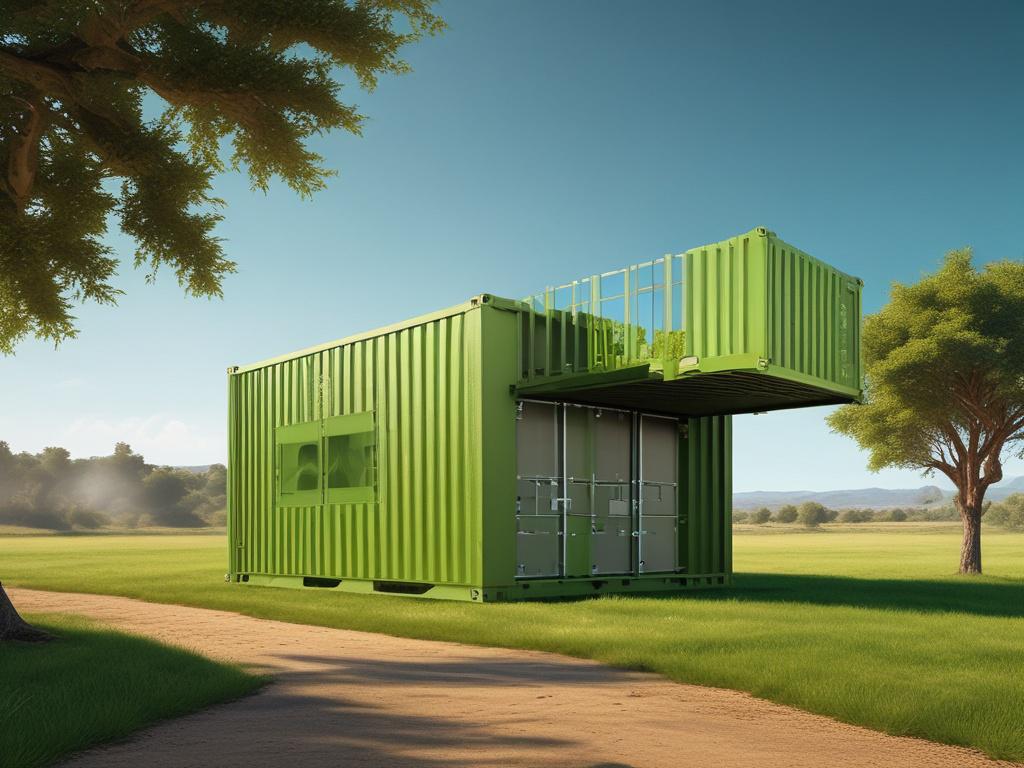 A sleek, modern climate-controlled shipping container set against a bright blue sky. The container, painted in a vibrant green, features an air conditioning unit prominently displayed on one side. Surrounding the container is a clear, spacious environment with lush green grass and a few scattered trees in the background. The focus is on the container, showcasing its functionality and innovative design, while maintaining a clean and simple composition without any additional distractions.