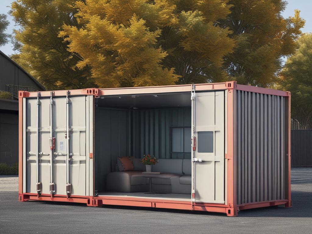 A realistic high-resolution photo of a new 8 FT mini shipping container, showcasing its steel structure, vibrant color, and easy-access roll-up door. The container should be centered against a minimalistic background with clean lines and bold colors, emphasizing the container's features and durability.