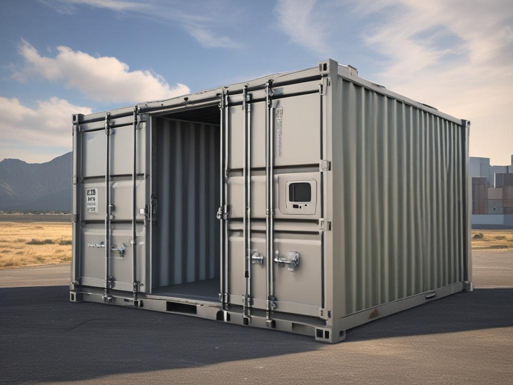 A high-resolution, realistic image of an AC-equipped shipping container, prominently featuring the air conditioning unit on the side. The container should be painted in a sleek gray with a subtle sheen, positioned on a well-lit outdoor setting. The background should show a clear blue sky and a few fluffy white clouds, emphasizing the container's functionality and modern design. The image should be composed simply, focusing on the container without distractions.