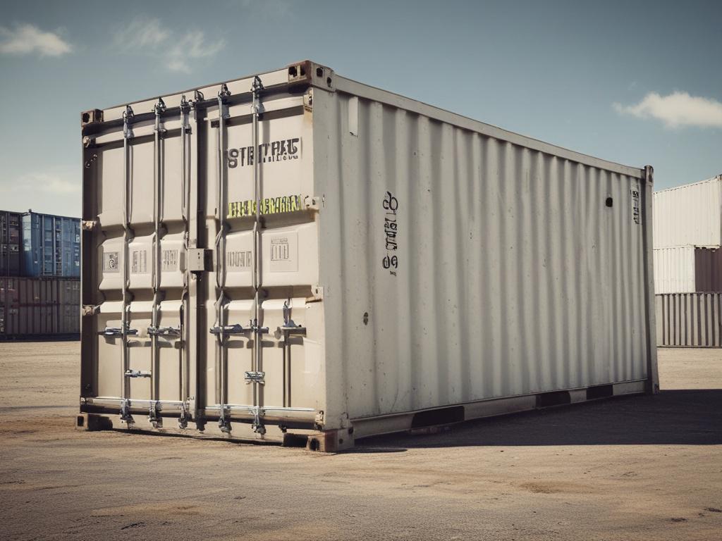 A realistic high-resolution photo of a white 20ft high shipping container. The container should be prominently displayed in the center of the composition, showcasing its clean lines and sturdy construction. The background should be a simple, outdoor setting with natural lighting, highlighting the container's features. The scene should evoke a grounded, rustic aesthetic with earthy textures.