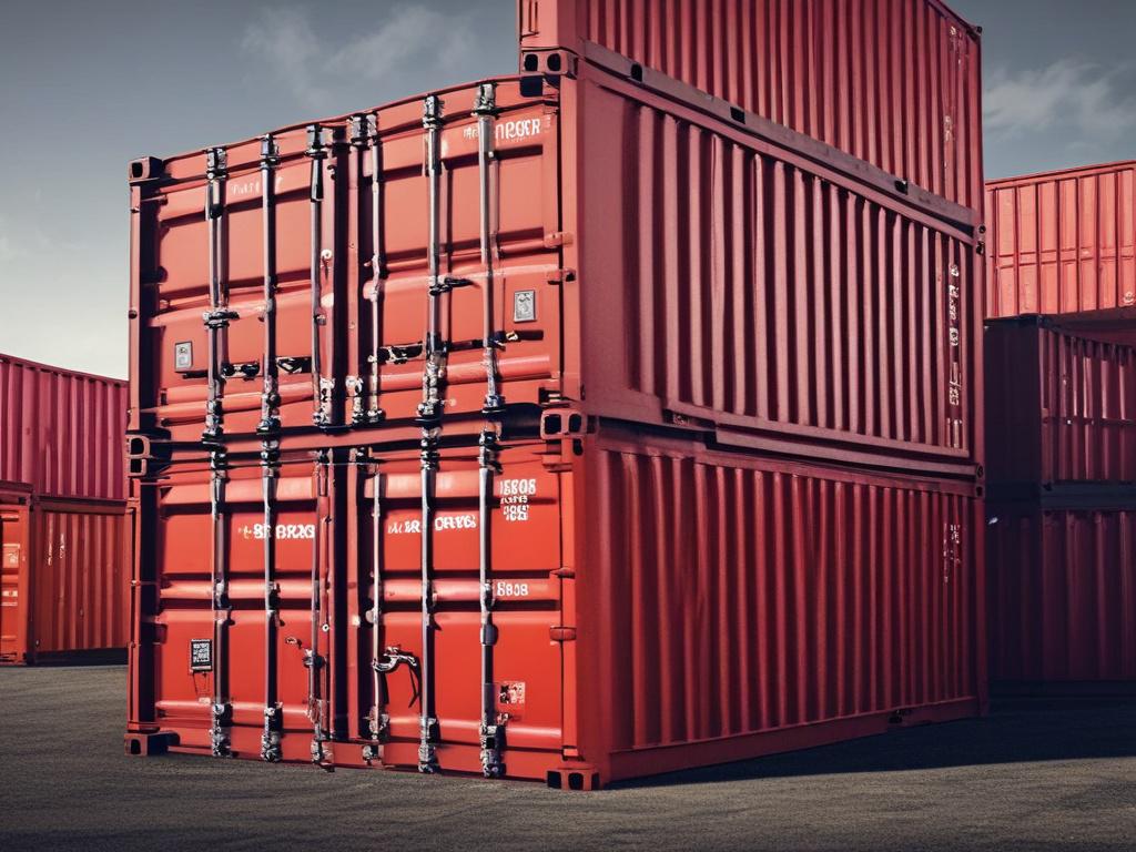 A hyper-realistic close-up shot of a red 40ft shipping container, showcasing its sturdy steel structure and vibrant color. The container is positioned against a neutral background, capturing the details of the metal surface and lock mechanisms. The image should convey strength and reliability, focusing on the container's features, and shot in high-resolution with a 45mm f/1.2 lens style.