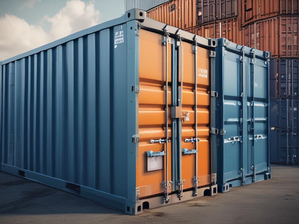 A realistic high-resolution image of a 20ft orange shipping container, set in a cool-toned environment with rich blues and soft grays, showcasing its sturdy design and easy-access doors.