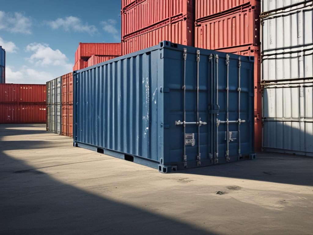A realistic high-resolution image of a red 40ft shipping container, featured in a cool-toned setting with shades of rich blues and soft grays, highlighting its secure doors and sturdy build.