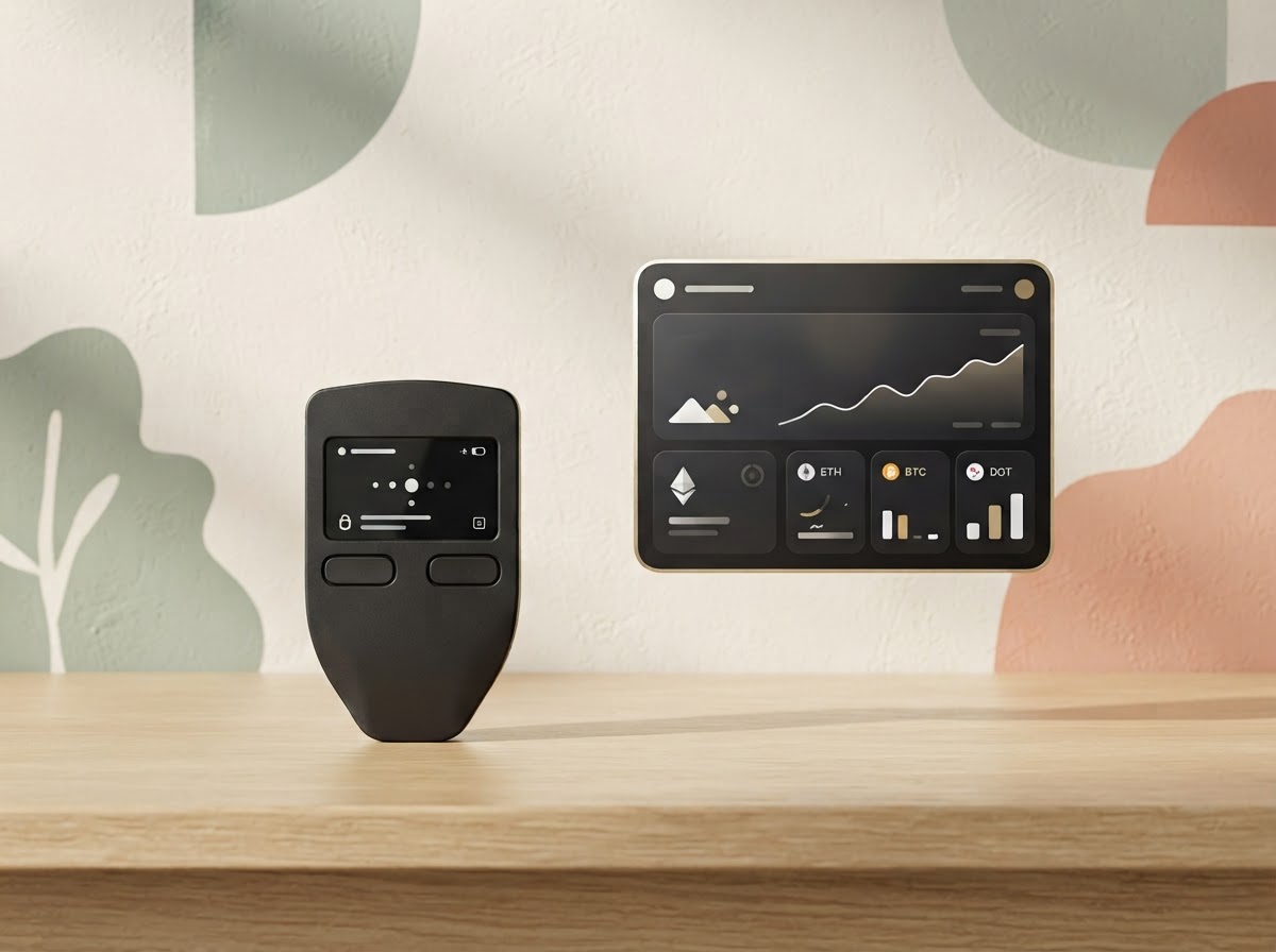 Illustration of a hardware wallet beside a digital asset portfolio interface